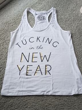 Pure Barre White Racerback Tank with Gold-Accent Lettering
